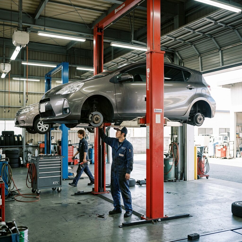 Two cars suspended on red and blue hydraulic lifts with mechanics performing maintenance underneath